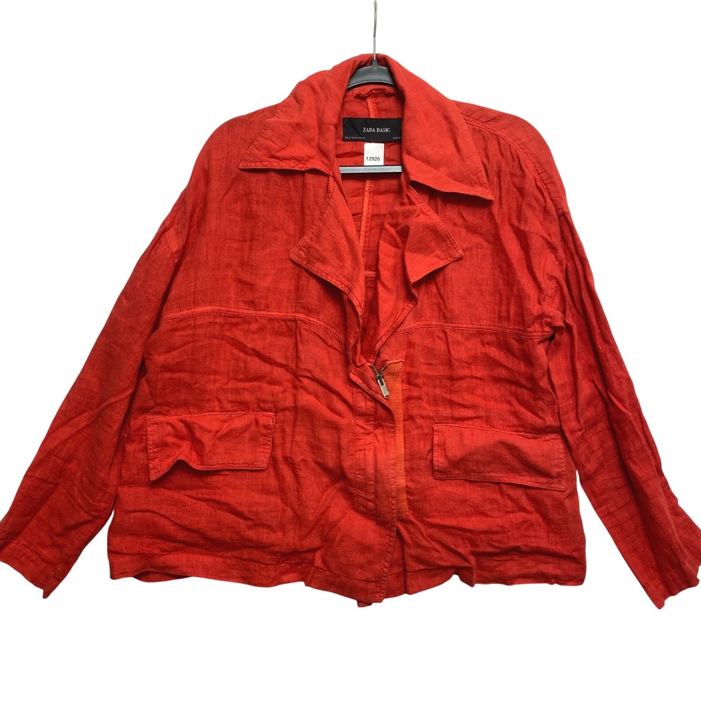 Zara Linen Jacket Womens XS Red Basic Asymmetrical Zip Utility Pocket